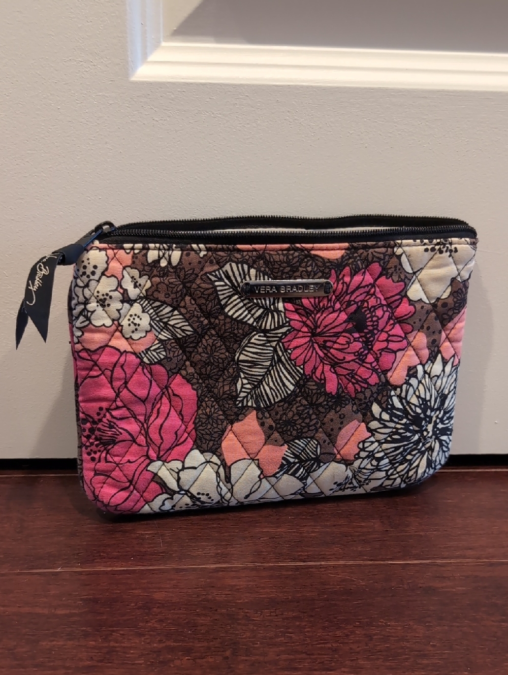 Vera Bradley Small Pink, Cream & Brown Quilted Floral Cosmetic Pouch